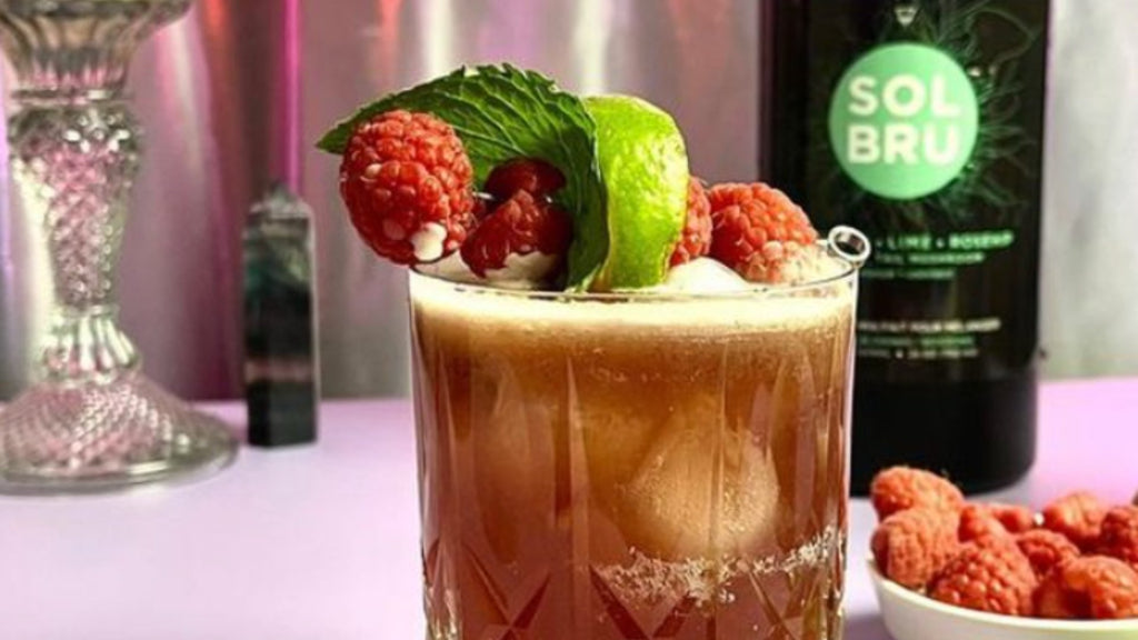 non-alcoholic-cocktail-with-turkey-tail-mushrooms-raspberries-lime